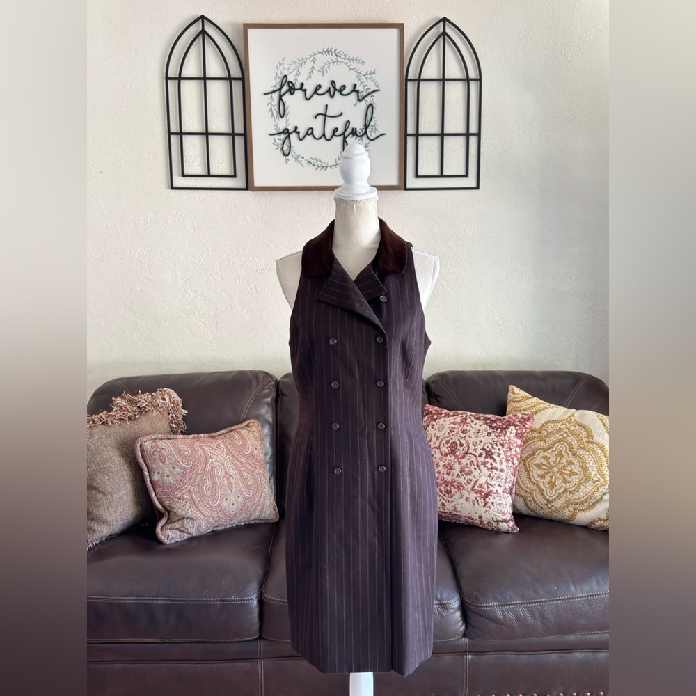 Ralph Lauren Double Breasted Brown Pinstriped Dress Size 12 Old Money 100% Wool